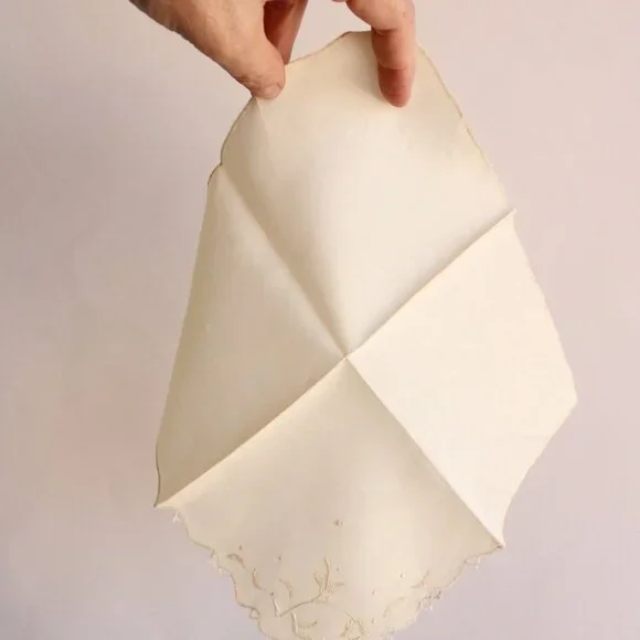 Vintage Ivory Handkerchief, Embroidered Rayon Hankie Pocket Square - Picture 10 of 10